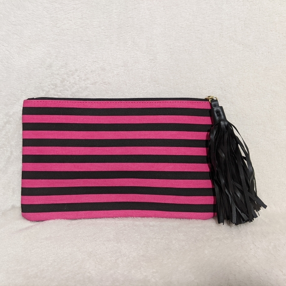 New Victorias Secret Pink Black Stripe Signature Makeup Cosmetic Bag Pencil Case - Picture 3 of 6